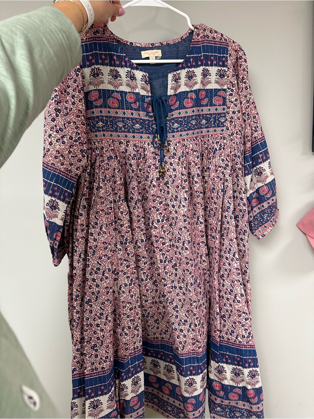 Pink Chicken Boho Floral Peasant Dress in Pink and Navy with gold thread